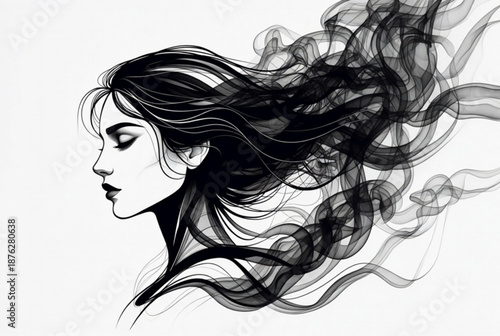 Mysterious Woman Portrait with Flowing Smoke Hair - Elegant Black and White Vector Art
