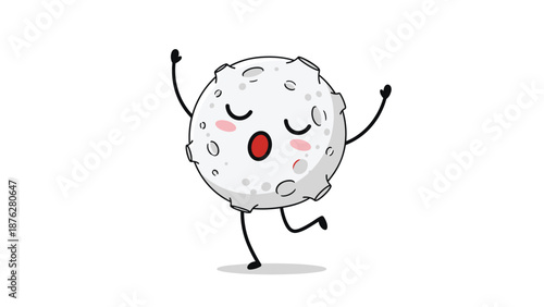 Cute personified moon character with craters and a happy face is shown dancing and waving its arms around.