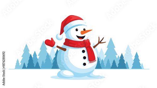 Cheerful snowman wearing a red hat and scarf is standing in a snowy field with a pine forest background.