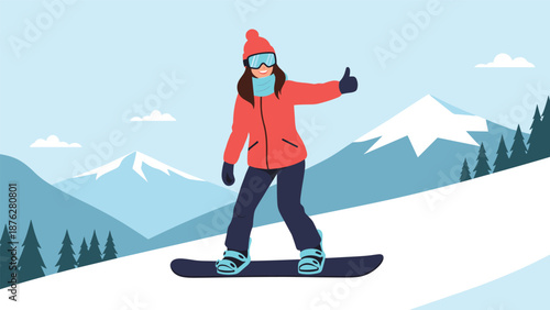 Young woman in bright winter gear is snowboarding down a snowy mountain slope and giving a thumbs up.