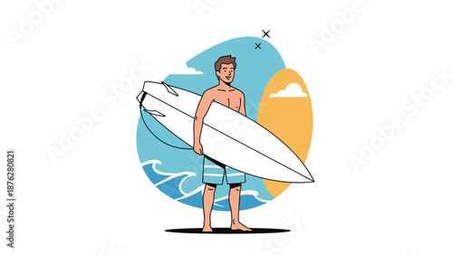 Young male surfer holding a surfboard is standing on the beach with ocean waves and a sun in the background.