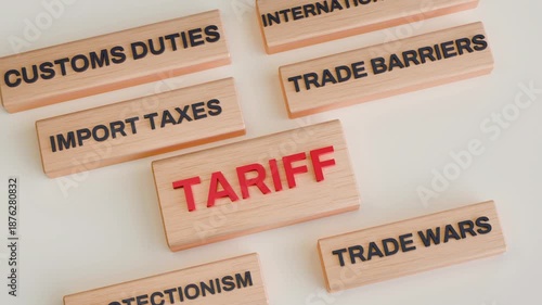 Zoom Out Reveal of 3D Wooden Tariff and Trade Barrier Blocks, International Trade Concept Animation