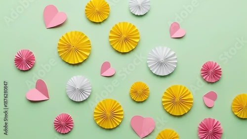 Colorful Paper Flowers and Hearts Scattered on a Light Green Background.