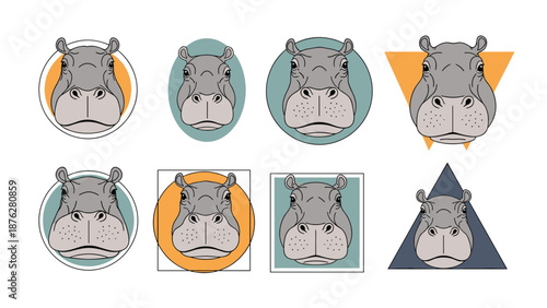 Collection of eight hippopotamus heads presented within various geometric shapes like circles and triangles.