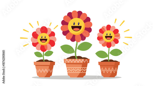 Group of three cheerful cartoon flowers with smiling faces are growing in decorative clay pots with patterns.