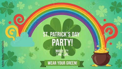 St. Patricks Day Party Rainbow Pot Gold Shamrock Illustration
