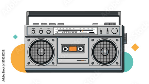 Detailed illustration of a vintage silver boombox radio with speakers and a cassette deck on a white background.