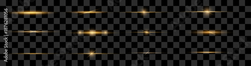 Golden light beam with shimmering flare and smooth glow. Horizontal streak creates cinematic motion. Ideal PNG overlay for premium digital visuals.