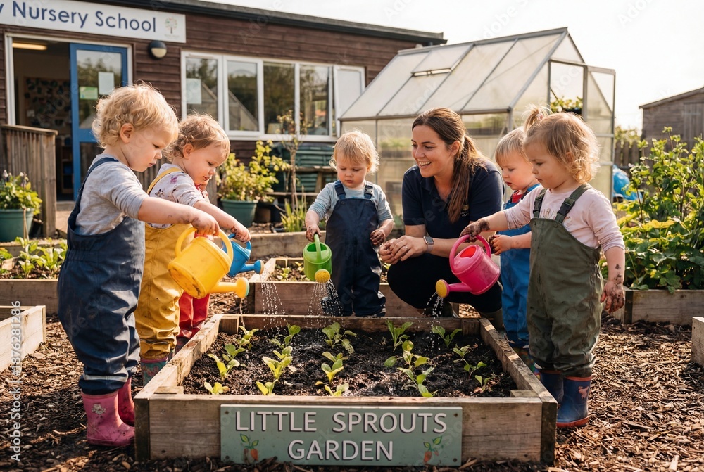 Obraz premium Young caucasian children watering plants with female teacher in school garden