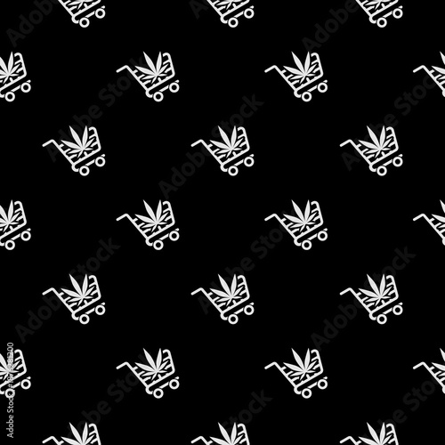 Shopping cart with cannabis seamless pattern isolated on black background