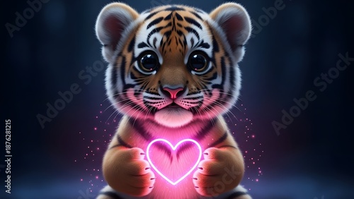 Cute baby tiger cub holding glowing pink heart, adorable animal love concept