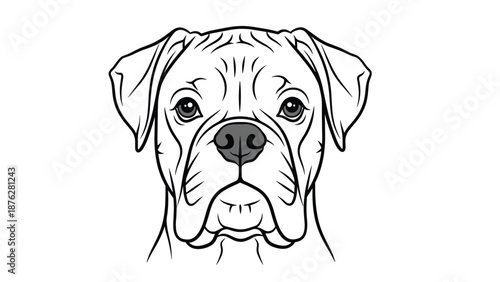 Black and white line drawing portrait of a Boxer dog showing its characteristic facial features and ears.
