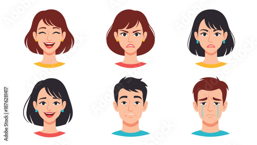 Set of six human facial expressions including happiness, anger, sadness, and surprise for men and women.
