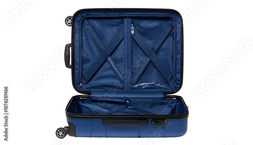 Open blue suitcase revealing interior with straps, zippers, and wheels, against black background