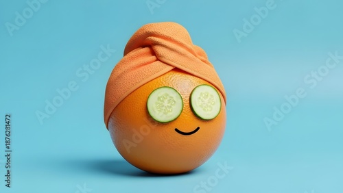 Funny orange with spa towel and cucumber slices for relaxation and beauty