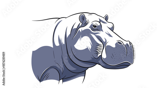 Powerful head of a large hippopotamus is shown in a detailed blue and gray illustration with strong shadows.