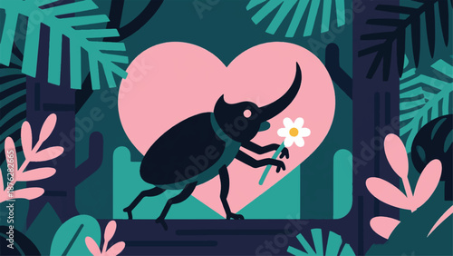 Illustration Of A Rhinoceros Beetle Carrying A Small Flower, Tropical Forest Background Vector Design Template