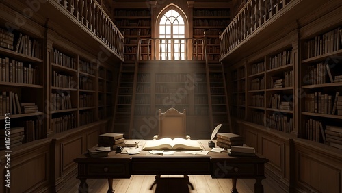 Elegant library interior with desk and overhead light illustration