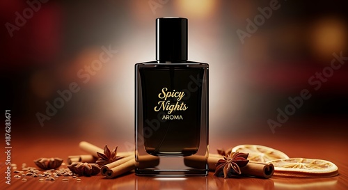 Elegant perfume bottle with cinnamon sticks on a brown tabletop