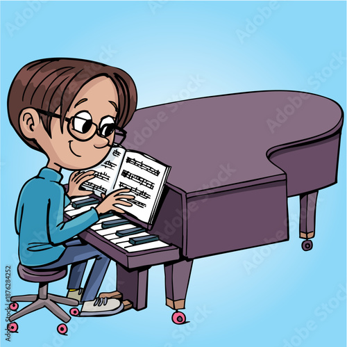 boy plays with notes on a concert piano