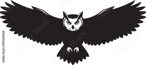 Black and white owl in flight illustration graphic design