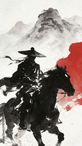 Ink Wash Painting of a Chivalrous Swordsman Riding a Galloping Horse, with a Red Accent and Mountain Background, Capturing Dynamic Chinese Wuxia Martial Arts Spirit