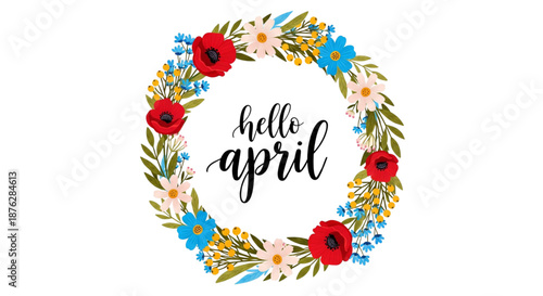 Spring Floral Wreath Greeting Hello April for Seasonal Marketing, Web Design, Invitations, Joyful Celebration
