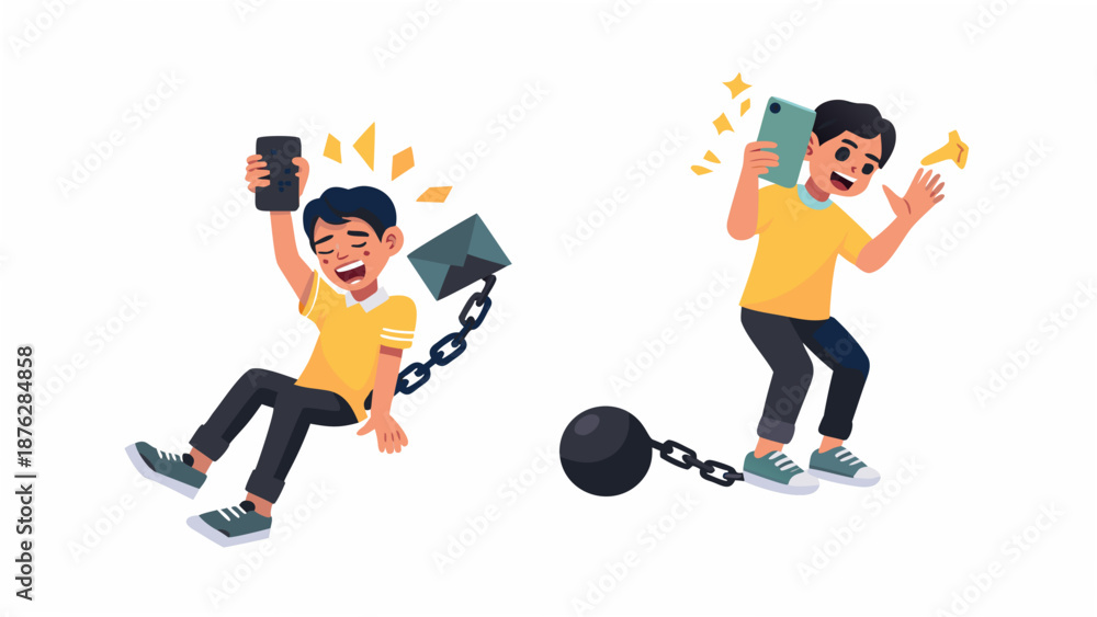 Fototapeta premium Two young men breaking free from mobile phone addiction