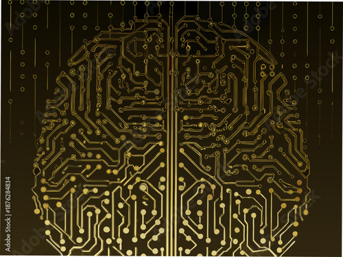 Golden circuit board brain illustration for tech and innovation concepts