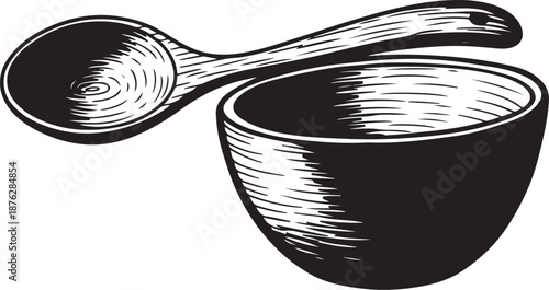 Black and white illustration of bowl and wooden spoon