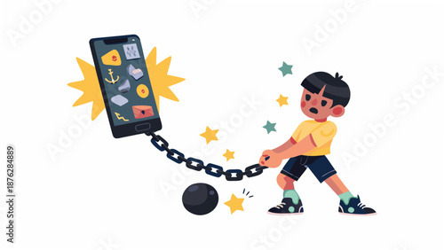 Boy struggling with smartphone addiction and digital chains