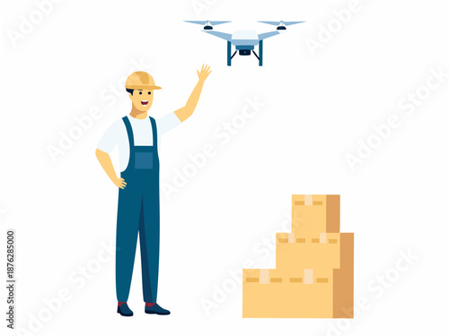 Man in overalls operating drone for package delivery