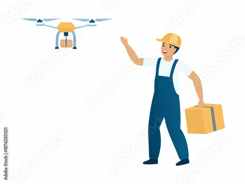 Delivery worker guiding drone with package in modern logistics operation