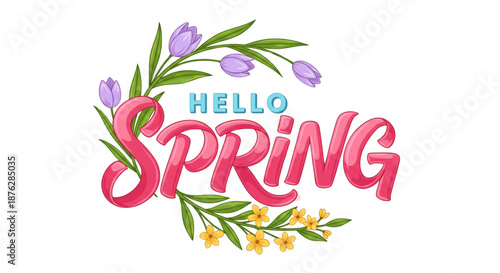 Hello Spring floral wreath, vibrant tulips and yellow flowers, fresh season greeting for marketing, web design, joyful celebration
