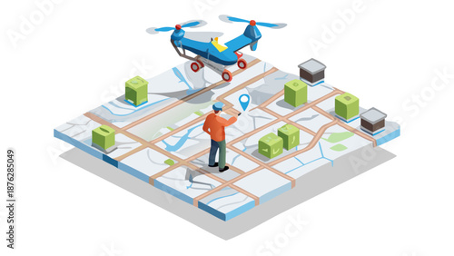 Man using drone for efficient logistics and delivery planning on map