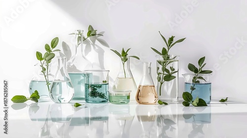 cosmetic laboratory research and development .
science bio skincare cream serum product with leaves. natural organic beauty cosmetics concept. cosmetology.