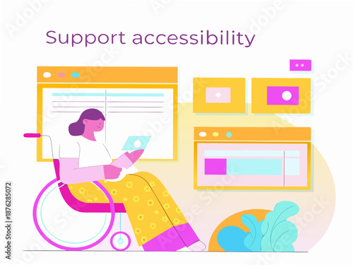 Woman in wheelchair using tablet with accessibility features