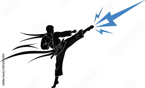 Silhouette of a martial artist executing a powerful lightning fast side kick demonstrating speed and precise striking power
