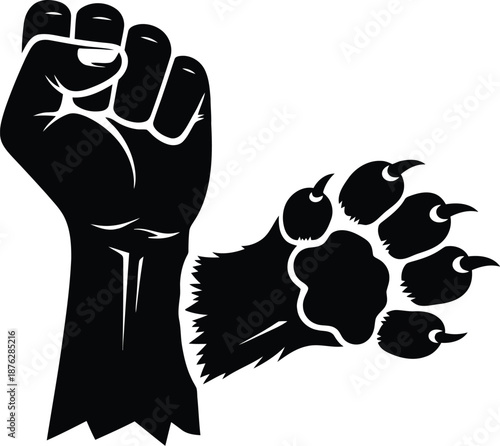 Black raised fist symbolizing power and solidarity juxtaposed with a fierce bear paw print illustration for strong design concepts