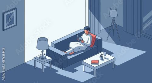 An individual finds peaceful solitude and unwinds on a cozy sofa, engrossed in a book within their modern, softly lit living room.