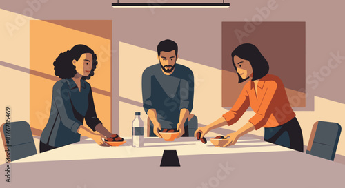 Three diverse colleagues share a healthy meal together around a modern conference table, illuminated by warm sunlight, fostering teamwork and connection.