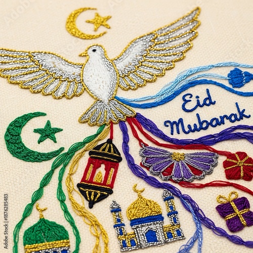 Embroidered dove with festive symbols and greeting on cream background