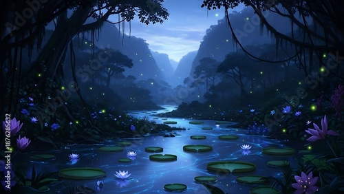 Enchanted forest scene tranquil river flows through lush landscape at dusk