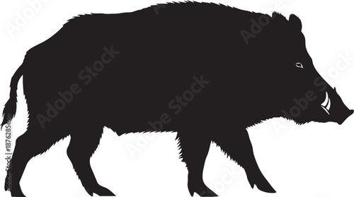 Black silhouette of a wild boar walking profile view
