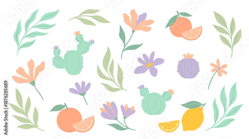 Colorful floral wreath with citrus fruits and leaves illustration on white background
