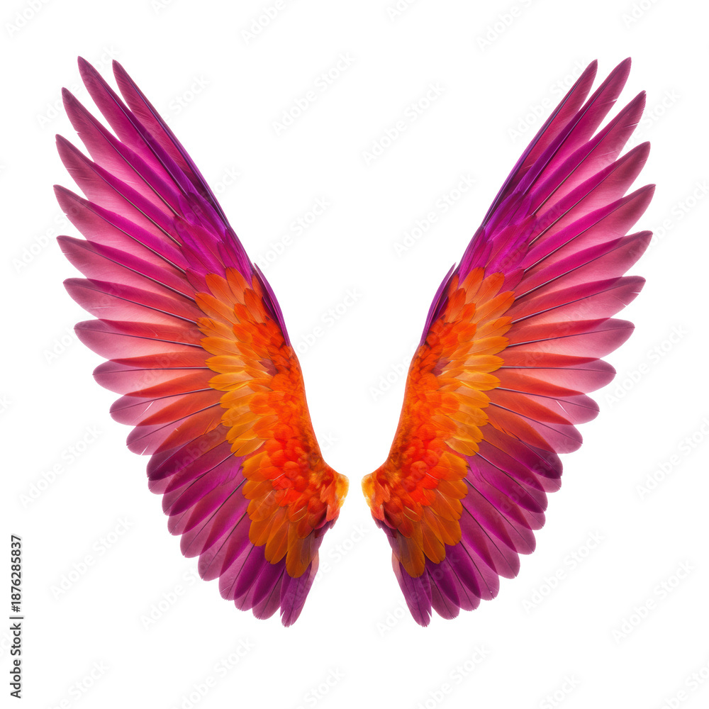 Obraz premium expansive tropical bird wings with vibrant purple, orange, pink, gold, magenta feathers, macro detail, on transparent studio background with copy space. Concept of natural artistry