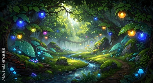 Enchanted forest scene with glowing lights and lush greenery illustration