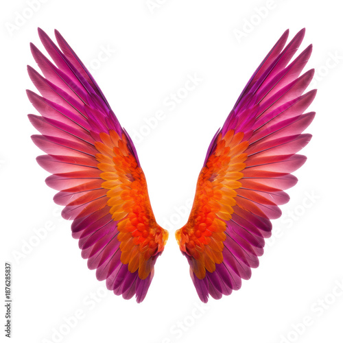expansive tropical bird wings with vibrant purple, orange, pink, gold, magenta feathers, macro detail, on transparent studio background with copy space. Concept of natural artistry