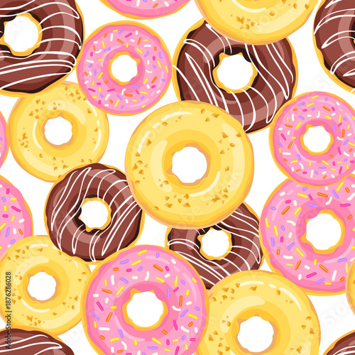 Colorful glazed donuts seamless pattern. Sweets background. Vector cartoon flat illustration. 