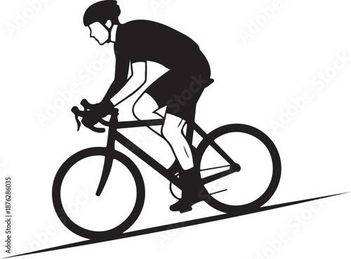 Cyclist Riding Bicycle with Helmet in Black Silhouette Style